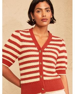 Love & Roses Rust Striped Cotton Rich Knitted Cardigan With Starfish Button Detail - Orange