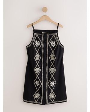 Next Embroidered Mini Shift Dress With Linen - Black