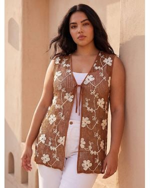 Roman Curve Textured Tie Front Waistcoat - Brown