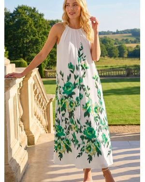 Roman Floral Print Halter Neck Midi Dress - Green