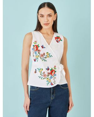 Yumi' Stretch Cotton Embroidered Wrap Top - White