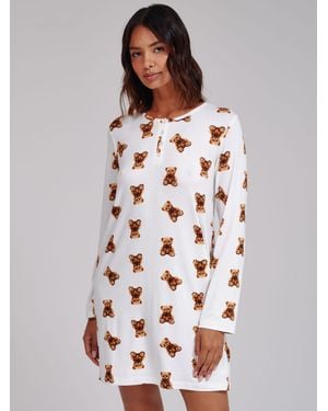 Loungeable Teddy Bear Super Soft Long Sleeve Henley Nighties - White