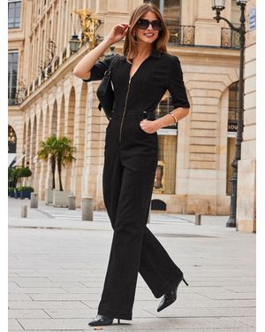 Sosandar Zip Front Wide Leg Denim Jumpsuit - Natural