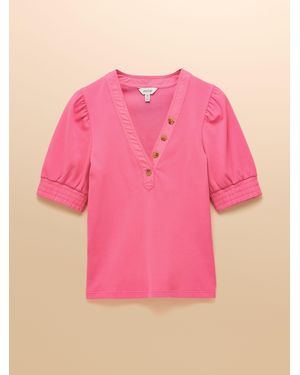 Joules Tabitha Ribbed V Neck Top With Puff Sleeves - Pink