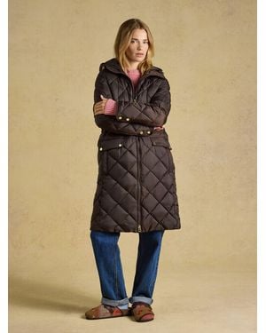 Joules Chessington Chocolate Showerproof Longline Diamond Quilted Coat With Hood - Natural
