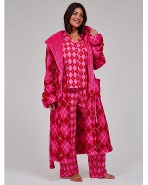 Loungeable Argyle Cozy Borg Fleece Hooded Dressing Gown - Red