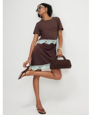 River Island Short Sleeve Lace Satin Ruched Mini Dress - Brown