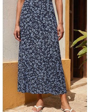 Roman Flower Print Jersey Stretch Skirt - Blue