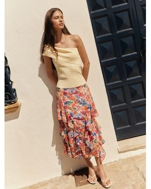 BHOEM Floral Print Frills Midi Chiffon Skirt - Multicolor