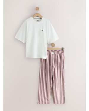 Self Ecru Stripe Stripe Short Sleeve Pajamas - Pink