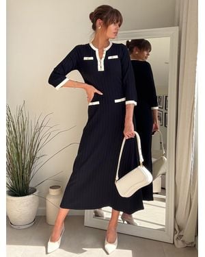 Style Cheat Contrast Ribbed Pocket Midi Dress - Schwarz