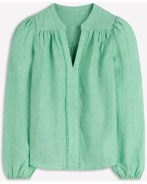 Boden Notch Neck Linen Trim Top - Green