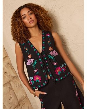 Love & Roses Floral Embroidered Tie Front Waistcoat - Black
