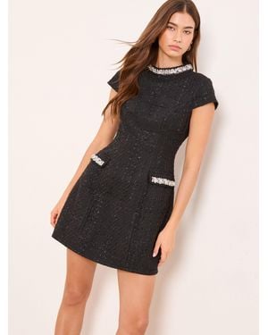 Lipsy Boucle Pearl Trim High Neck Mini Dress - Black