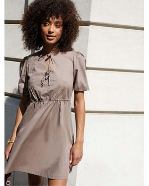 Threadbare Puff Sleeve Tie Front Smock Mini Dress - Natural