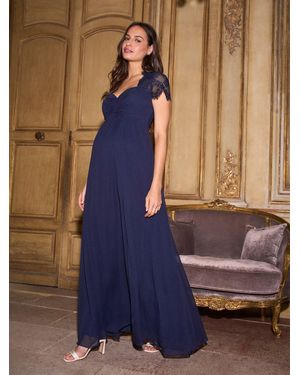 Seraphine Maternity Lace Sleeve Silk Premium Dress - Blue