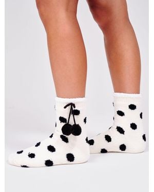 Loungeable Knitted Polka Dot Socks With Pom Pom Detail - White