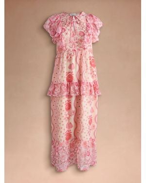 Cath Kidston Floral Ruffle Detail Short Sleeve Maxi Dress With Tie Neck - Pink