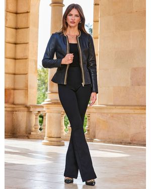 Sosandar Round Neck Leather Jacket With Chain Detail - Black