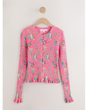 Next Floral Print Ribbed Long Sleeve Button Up Knitted Cardigan - Pink