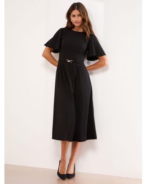 Lipsy Crew Neck Short Sleeve Fit And Flare Midi Dress With Trim Belt - Black