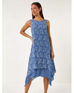 Roman Floral Print Double Layer Shift Dress - Blue