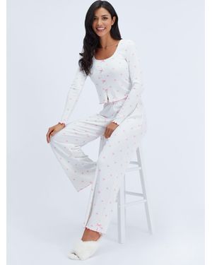 Boux Avenue Heart Ribbed Bow Long Pajamas Set - White