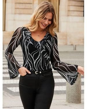 Sosandar Geometric Spot Faux Wrap Top - Black