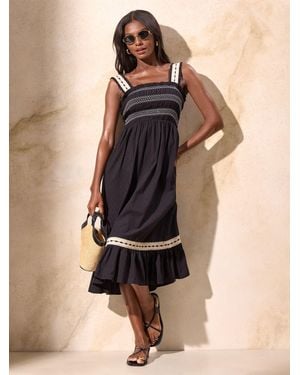 Lipsy Petite Cotton Embroidered Shirred Bodice Cami Summer Midi Dress - Natural