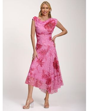 Jolie Moi Asymmetric Draped Print Lace Maxi Dress - Pink