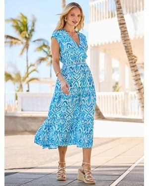 Sosandar Abstract Print Shirred Waist Faux Wrap Midi Dress - Blue