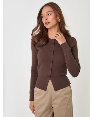 Threadbare Crew Neck Knitted Cardigan - Brown