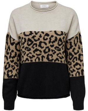 ONLY Leopard Print Color Block Sweater - Gray