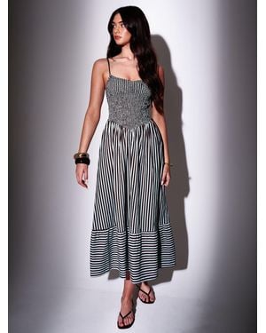 South Beach Striped Smocked Bodice Midi Dress - Blue