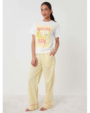 Threadbare Check Cotton Banana Farm Print Pajama Set - Natural