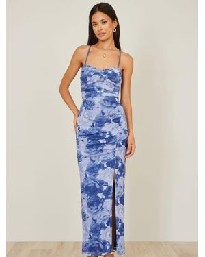 Yumi' Mesh Ruched Midi Dress With Split - Blue