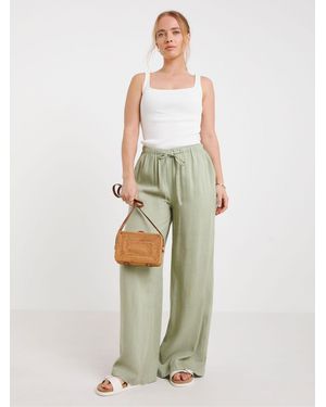 Simply Be Khaki Tie Waist Wide Leg Linen Mix Pants - White