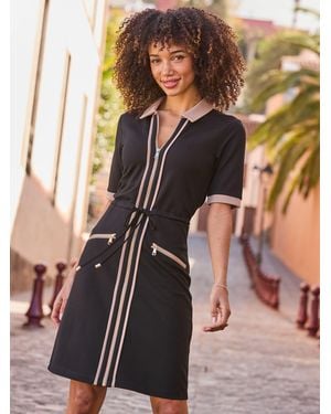 Sosandar Contrast Trim Drawstring Ponte Dress - Black