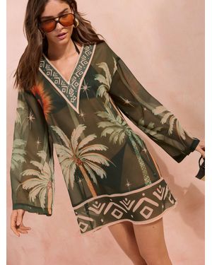 Friends Like These Dark Palm Print V-Neck Kaftan Beach Cover-Up - Brown