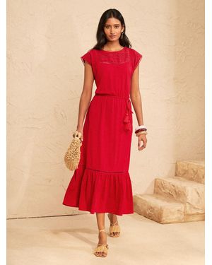 Love & Roses Broderie Yoke Jersey Midi Dress - Red