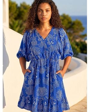 Roman Petite Palm Print Smock Dress - Blue