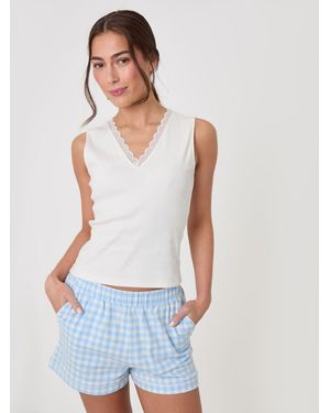 Threadbare Cotton Vest & Flannel Shorts Pajamas Set - White