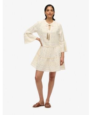 Superdry Ibiza Long Sleeve Tiered Mini Dress - Natural