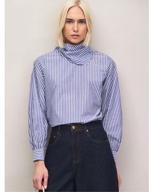 Ro & Zo Stripe Tie Up Neck Cotton Blouse - Blue