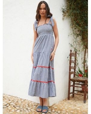 ANOTHER SUNDAY Gingham Shirred Tie Strap Tiered 100% Cotton Midi Dress44 - Blau