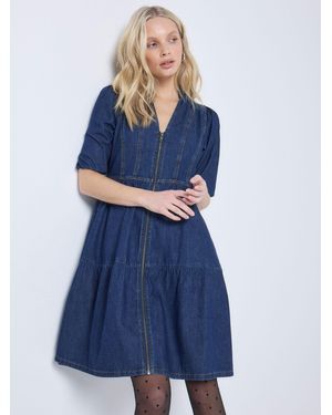 Scamp & Dude Denim Zip Front Short Tiered Dress - Blau