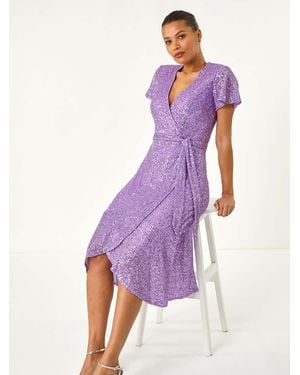 Roman Sequin Wrap Front Midi Dress - Purple