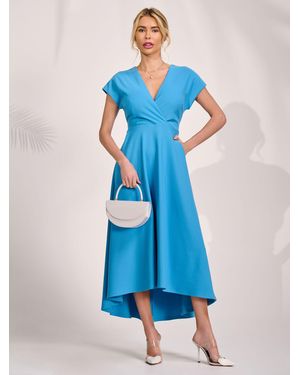 Jolie Moi Printed Scuba Dipped Hem Maxi Dress - Blue