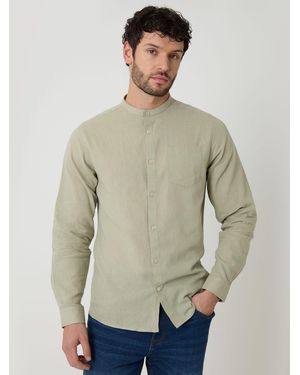 Threadbare Grandad Collar Linen Blend Long Sleeve Shirt - Natural