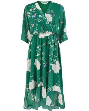 Yumi' Bird And Floral Print Midi Wrap Dress - Green